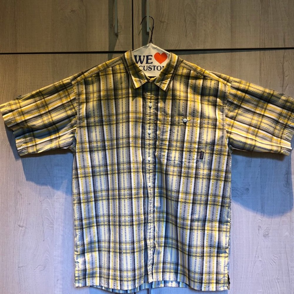 PATAGONIA Men's Puckerware Short Sleeve Shirt (Gray / Yellow) Large - EUC